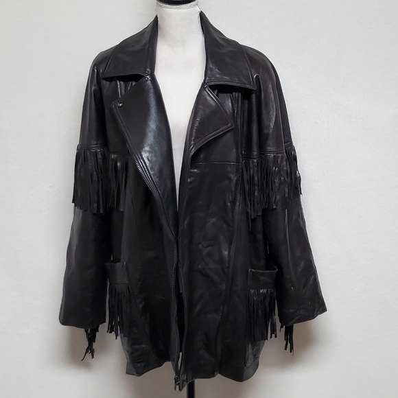 Marvin Richards Vintage Black Butter Soft Leather Fringe Side-Zip Moto Jacket - Picture 14 of 16
